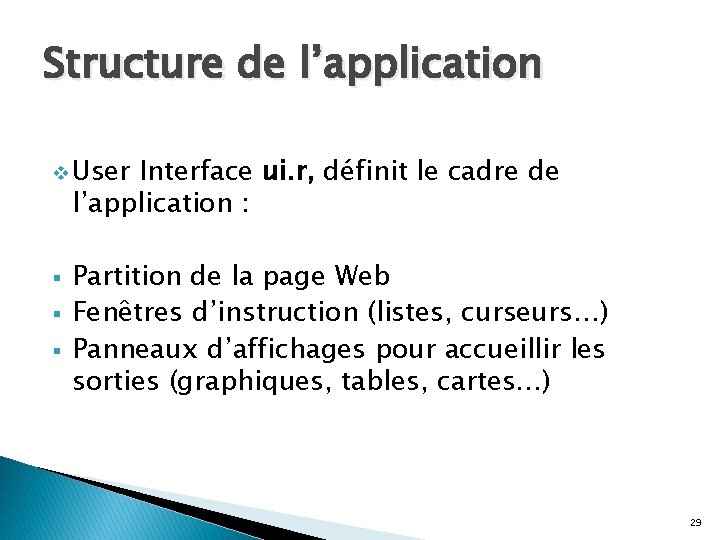 Structure de l’application v User Interface ui. r, définit le cadre de l’application : Structure de l’application v User Interface ui. r, définit le cadre de l’application :