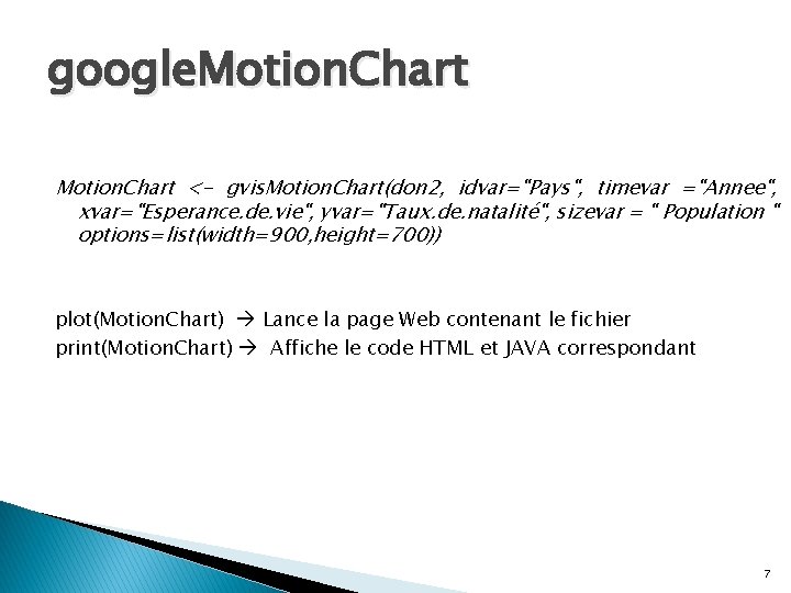 google. Motion. Chart <- gvis. Motion. Chart(don 2, idvar="Pays", timevar ="Annee", xvar="Esperance. de. vie", google. Motion. Chart <- gvis. Motion. Chart(don 2, idvar="Pays", timevar ="Annee", xvar="Esperance. de. vie",