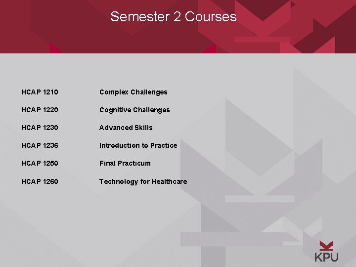 Semester 2 Courses HCAP 1210 Complex Challenges HCAP 1220 Cognitive Challenges HCAP 1230 Advanced