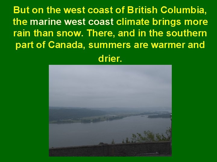 But on the west coast of British Columbia, the marine west coast climate brings