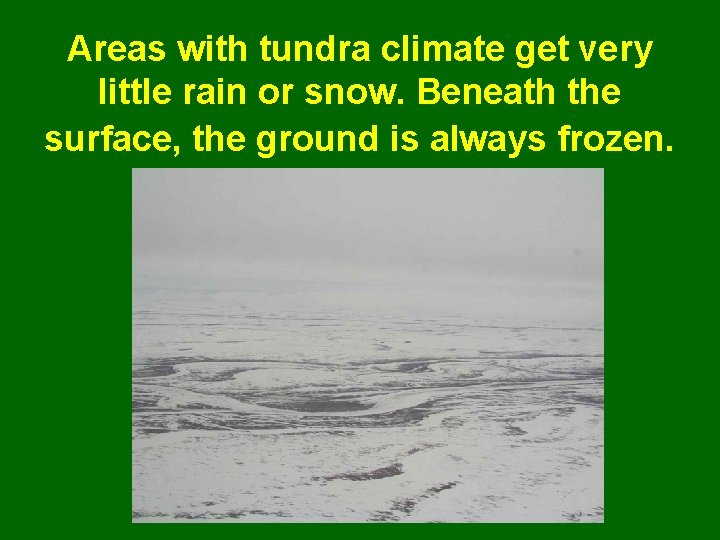 Areas with tundra climate get very little rain or snow. Beneath the surface, the