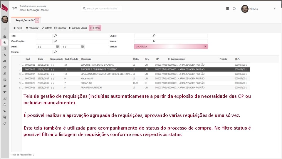 Tela de gestão de requisições (Incluídas automaticamente a partir da explosão de necessidade das
