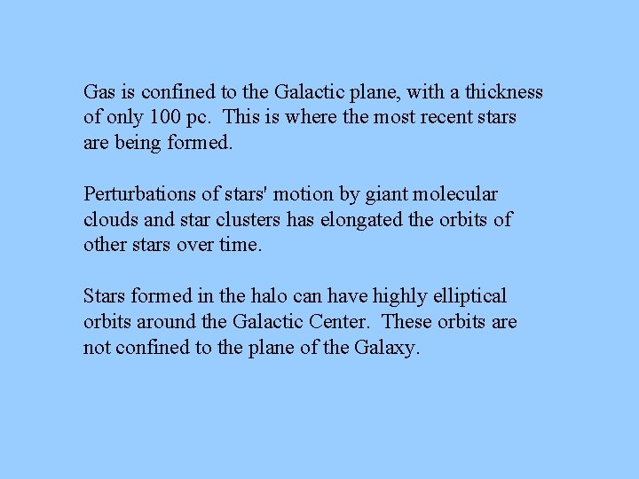 Gas is confined to the Galactic plane, with a thickness of only 100 pc. Gas is confined to the Galactic plane, with a thickness of only 100 pc.