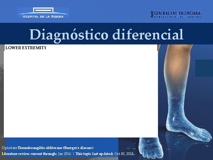 Diagnóstico diferencial LOWER EXTREMITY Peripheral artery disease Atheroembolism/microthromboembolism (blue toe syndrome, trash foot) Hypercoagulability