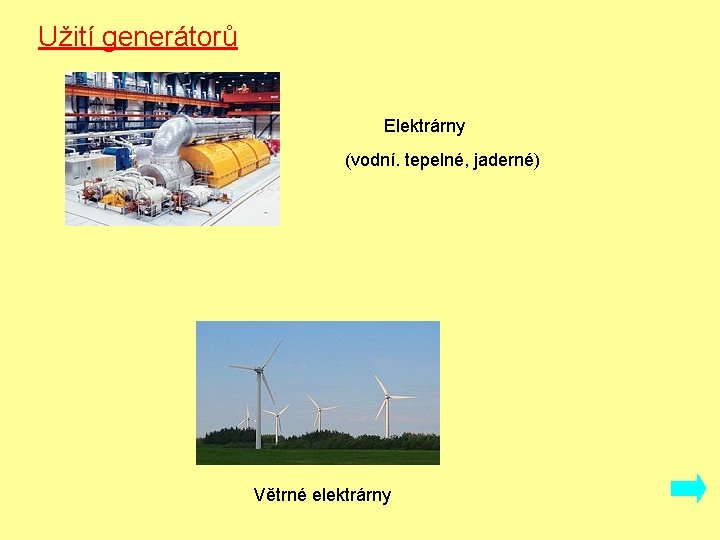 Užití generátorů Elektrárny (vodní. tepelné, jaderné) Větrné elektrárny 