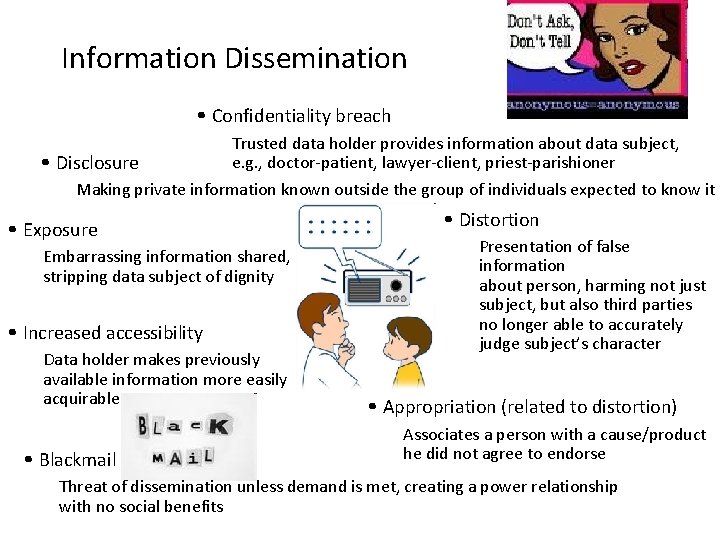 Information Dissemination • Confidentiality breach Trusted data holder provides information about data subject, e.