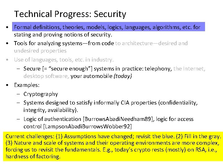 Technical Progress: Security • Formal definitions, theories, models, logics, languages, algorithms, etc. for stating