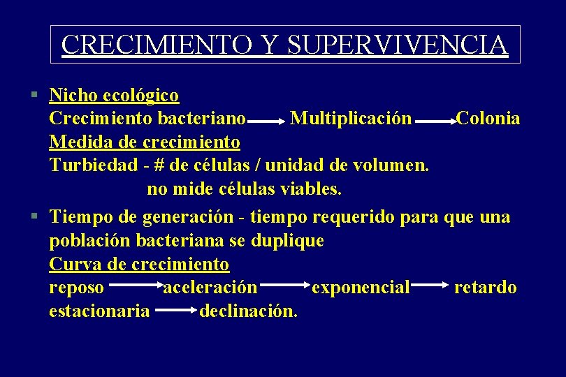 CRECIMIENTO Y SUPERVIVENCIA § Nicho ecológico Crecimiento bacteriano Multiplicación Colonia Medida de crecimiento Turbiedad