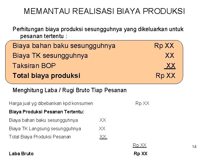 MEMANTAU REALISASI BIAYA PRODUKSI Perhitungan biaya produksi sesungguhnya yang dikeluarkan untuk pesanan tertentu :