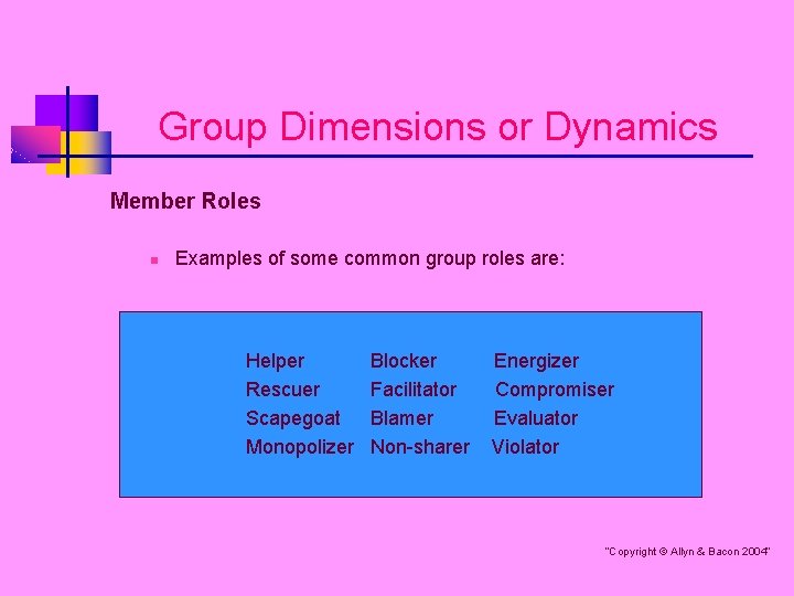 Group Dimensions or Dynamics Member Roles n Examples of some common group roles are: