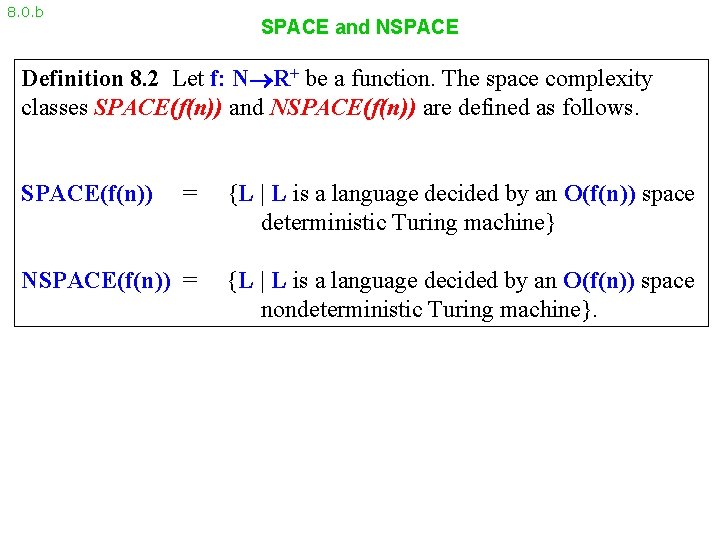 8. 0. b SPACE and NSPACE Definition 8. 2 Let f: N R+ be