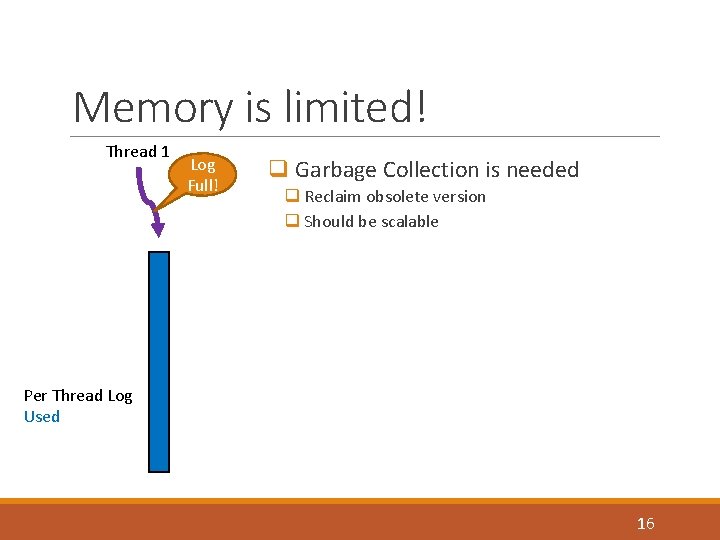 Memory is limited! Thread 1 Log Full! q Garbage Collection is needed q Reclaim