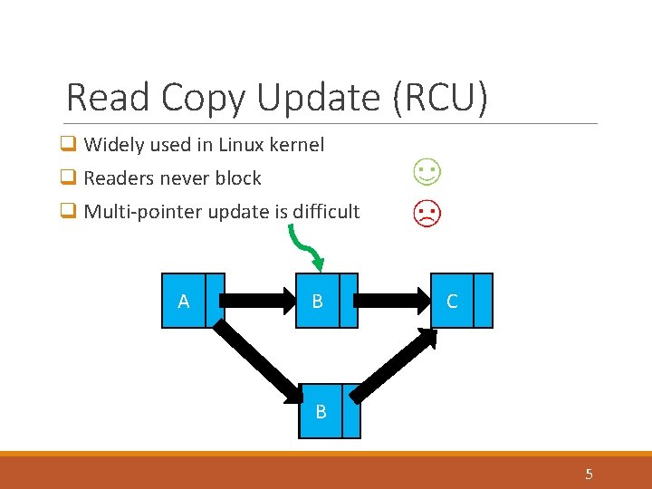 Read Copy Update (RCU) q Widely used in Linux kernel q Readers never block