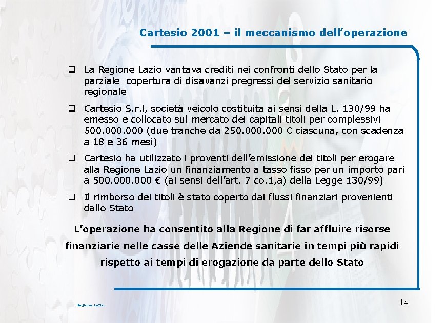 Cartesio 2001 – il meccanismo dell’operazione q La Regione Lazio vantava crediti nei confronti