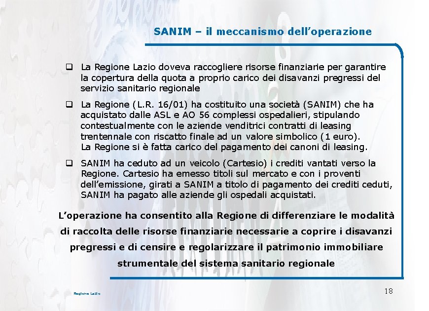 SANIM – il meccanismo dell’operazione q La Regione Lazio doveva raccogliere risorse finanziarie per