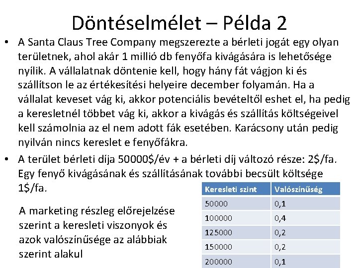 Döntéselmélet – Példa 2 • A Santa Claus Tree Company megszerezte a bérleti jogát