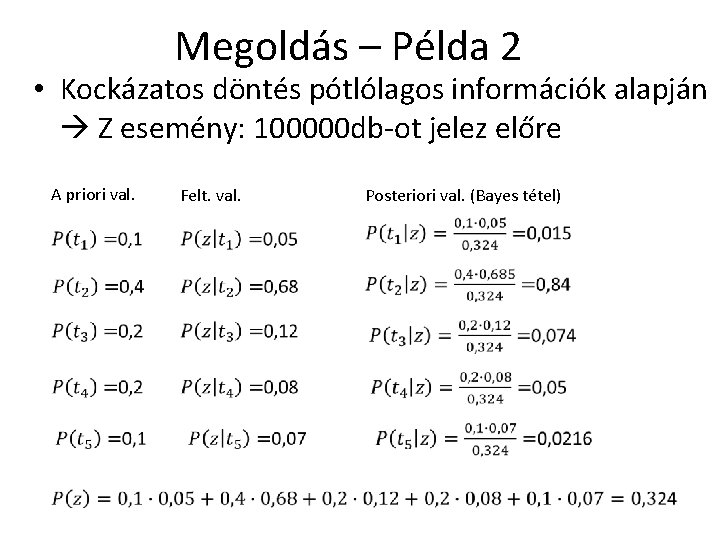 Megoldás – Példa 2 • Kockázatos döntés pótlólagos információk alapján Z esemény: 100000 db-ot