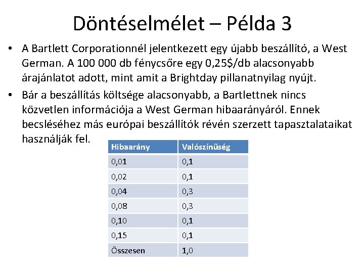 Döntéselmélet – Példa 3 • A Bartlett Corporationnél jelentkezett egy újabb beszállító, a West