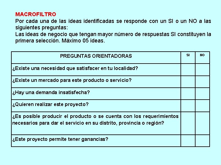 MACROFILTRO Por cada una de las identificadas se responde con un SI o un