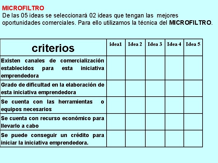 MICROFILTRO De las 05 ideas se seleccionará 02 ideas que tengan las mejores oportunidades