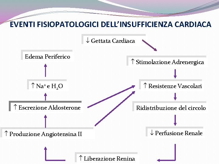 EVENTI FISIOPATOLOGICI DELL’INSUFFICIENZA CARDIACA Gettata Cardiaca Edema Periferico Stimolazione Adrenergica Na+ e H 2