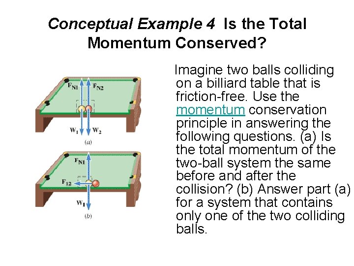 Conceptual Example 4 Is the Total Momentum Conserved? Imagine two balls colliding on a