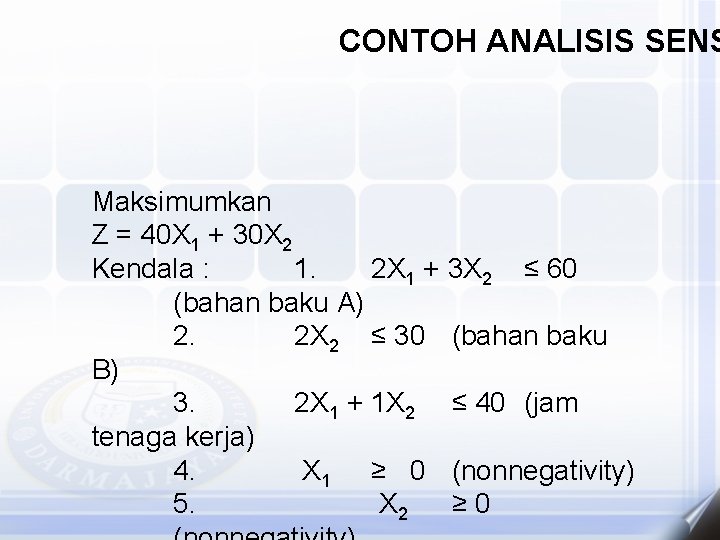 CONTOH ANALISIS SENS Maksimumkan Z = 40 X 1 + 30 X 2 Kendala