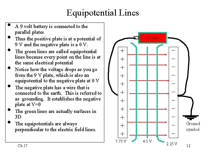 Equipotential Lines • • A 9 volt battery is connected to the parallel plates