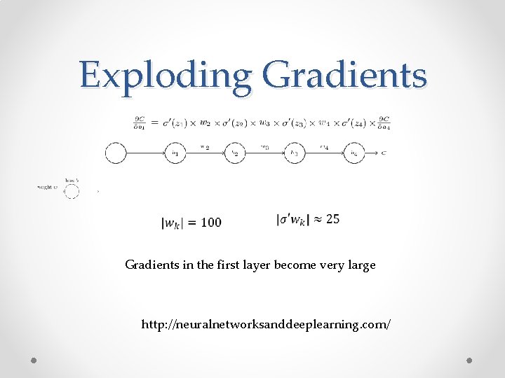 Exploding Gradients in the first layer become very large http: //neuralnetworksanddeeplearning. com/ 