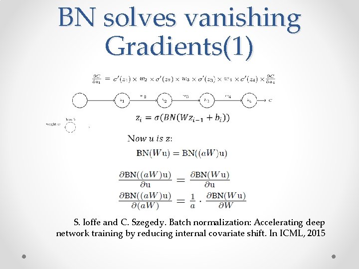 BN solves vanishing Gradients(1) S. Ioffe and C. Szegedy. Batch normalization: Accelerating deep network