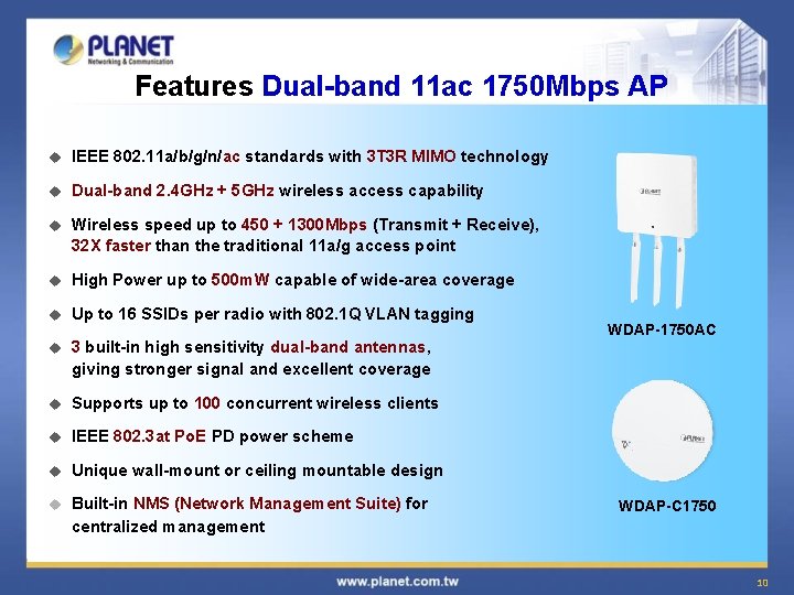 Features Dual-band 11 ac 1750 Mbps AP u IEEE 802. 11 a/b/g/n/ac standards with