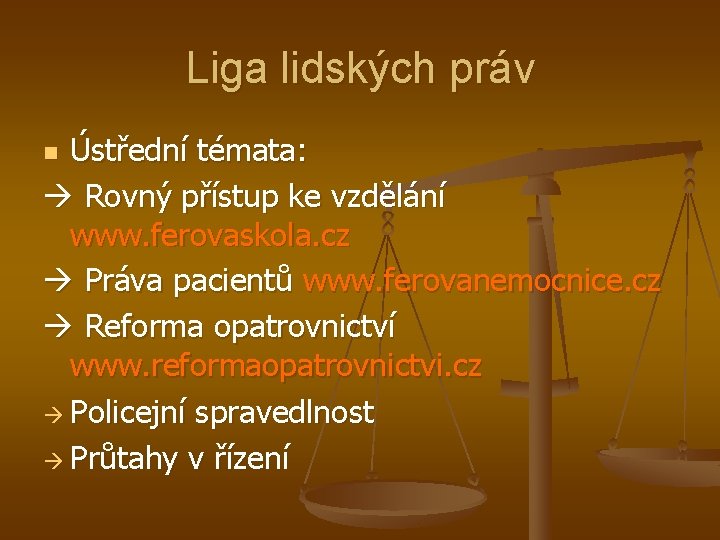 Liga lidských práv Ústřední témata: Rovný přístup ke vzdělání www. ferovaskola. cz Práva pacientů