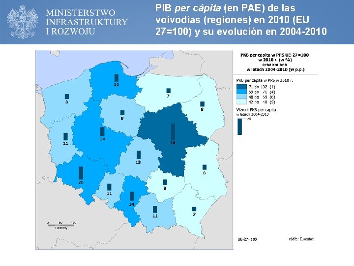 PIB per cápita (en PAE) de las voivodías (regiones) en 2010 (EU 27=100) y