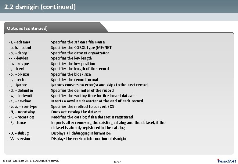 2. 2 dsmigin (continued) Options (continued) -s, --schema -cob, --cobol -o, --dsorg -k, --keylen
