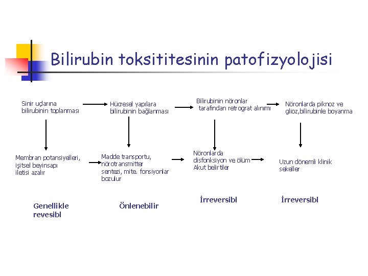 Bilirubin toksititesinin patofizyolojisi Sinir uçlarına bilirubinin toplanması Hücresel yapılara bilirubinin bağlanması Membran potansiyelleri, işitsel