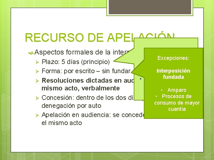 RECURSO DE APELACIÓN Aspectos Ø Ø Ø formales de la interposición Excepciones: Plazo: 5