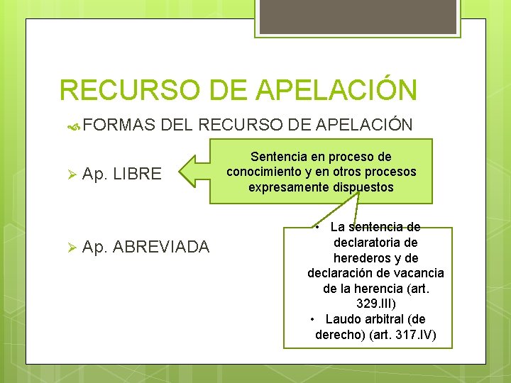 RECURSO DE APELACIÓN FORMAS Ø Ø DEL RECURSO DE APELACIÓN Ap. LIBRE Ap. ABREVIADA