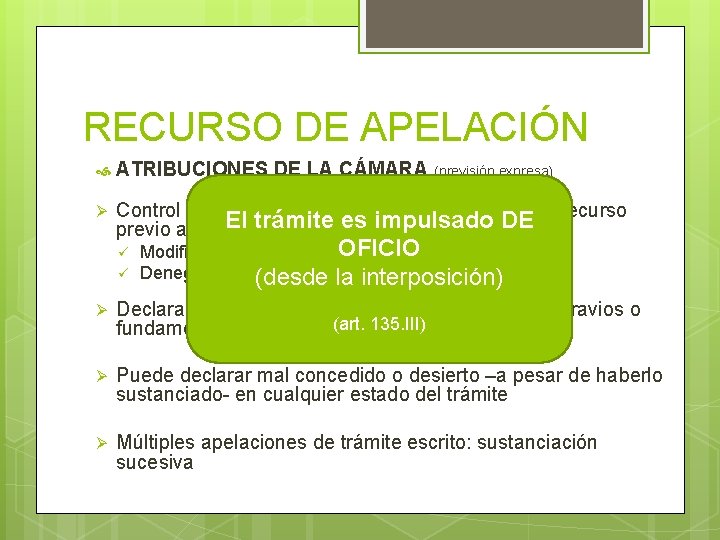 RECURSO DE APELACIÓN ATRIBUCIONES DE LA CÁMARA (previsión expresa) Ø Control de los recaudos