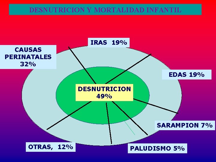 DESNUTRICION Y MORTALIDAD INFANTIL CAUSAS PERINATALES 32% IRAS 19% EDAS 19% DESNUTRICION 49% SARAMPION