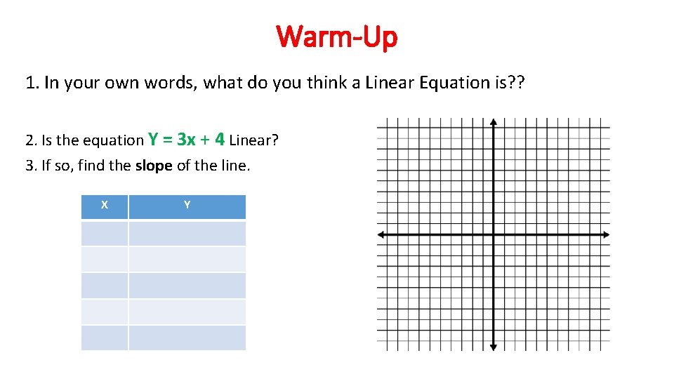 Warm-Up 1. In your own words, what do you think a Linear Equation is?