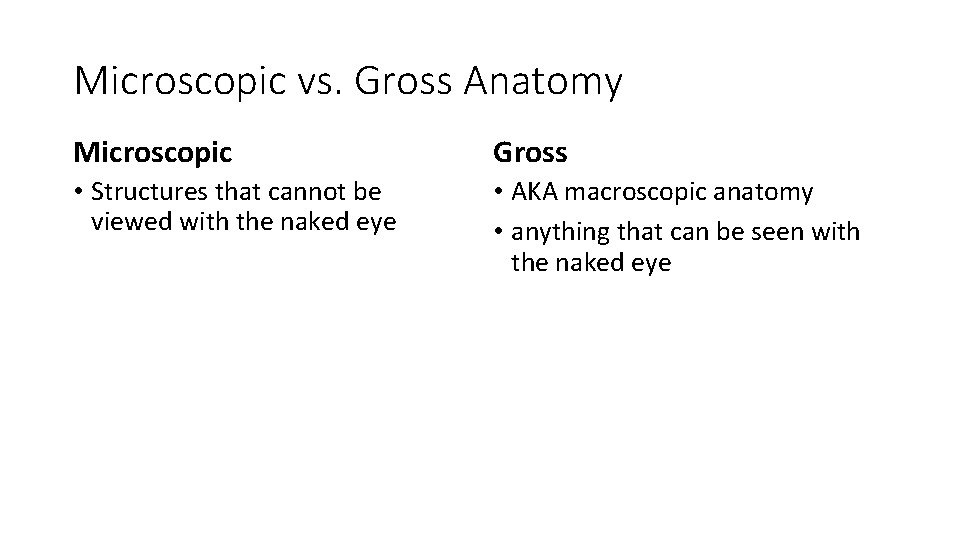 Microscopic vs. Gross Anatomy Microscopic Gross • Structures that cannot be viewed with the