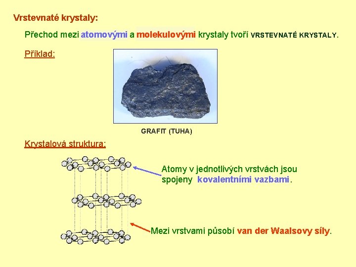 Vrstevnaté krystaly: Přechod mezi atomovými a molekulovými krystaly tvoří VRSTEVNATÉ KRYSTALY. Příklad: GRAFIT (TUHA)
