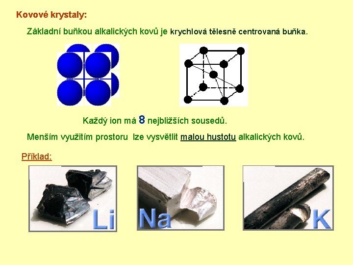 Kovové krystaly: Základní buňkou alkalických kovů je krychlová tělesně centrovaná buňka. Každý ion má