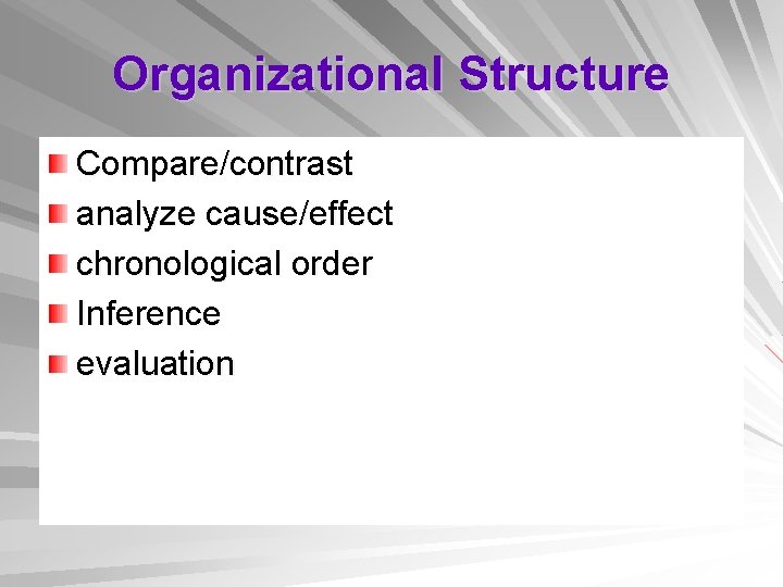 Organizational Structure Compare/contrast analyze cause/effect chronological order Inference evaluation 