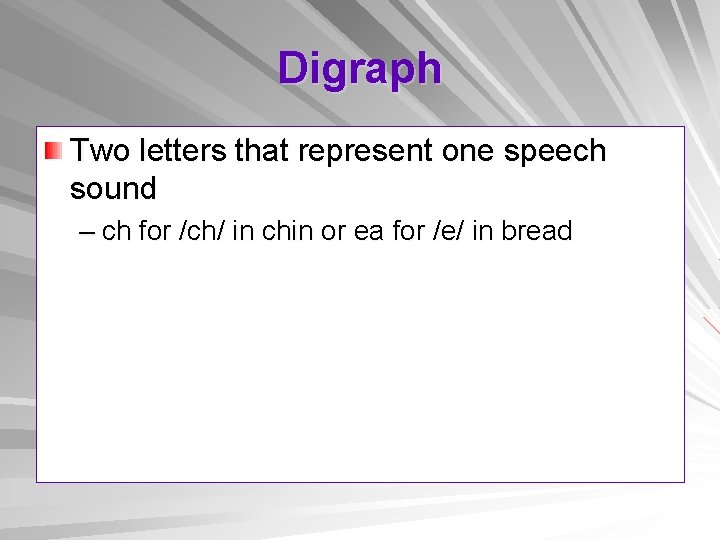 Digraph Two letters that represent one speech sound – ch for /ch/ in chin