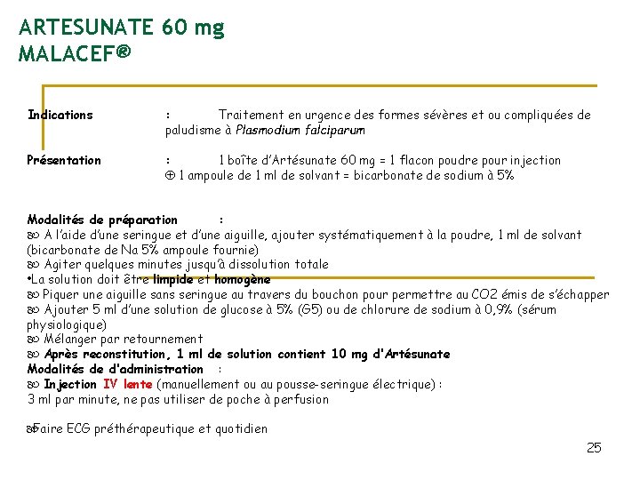 ARTESUNATE 60 mg MALACEF® Indications : Traitement en urgence des formes sévères et ou