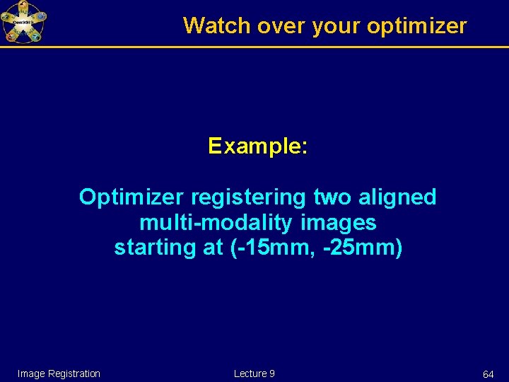 Watch over your optimizer Example: Optimizer registering two aligned multi-modality images starting at (-15