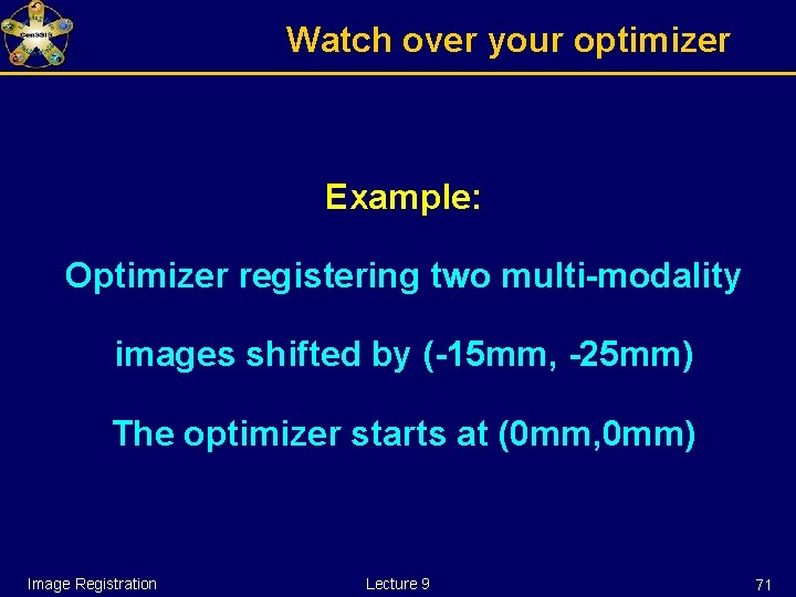 Watch over your optimizer Example: Optimizer registering two multi-modality images shifted by (-15 mm,