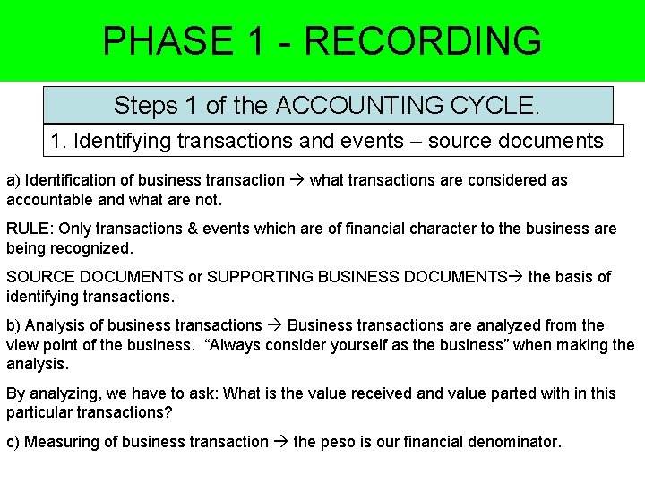 PHASE 1 - RECORDING Steps 1 of the ACCOUNTING CYCLE. 1. Identifying transactions and