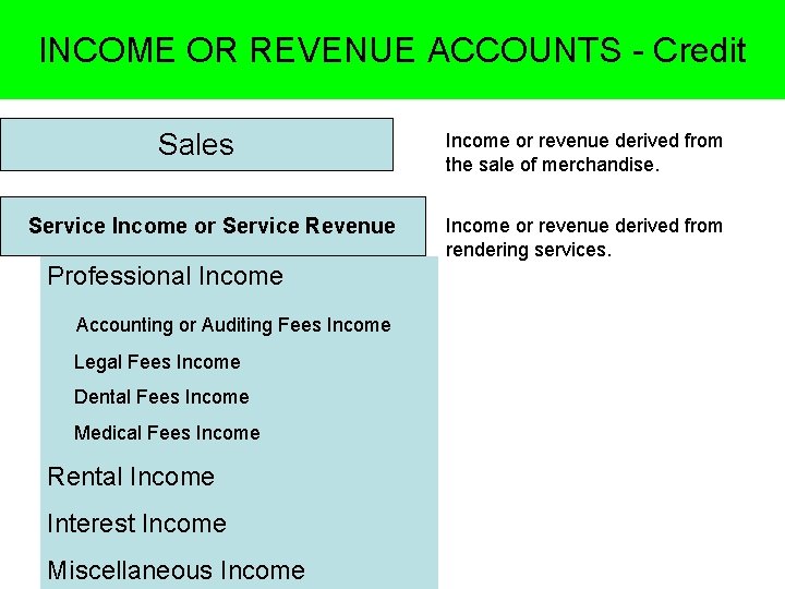 INCOME OR REVENUE ACCOUNTS - Credit Sales Service Income or Service Revenue Professional Income